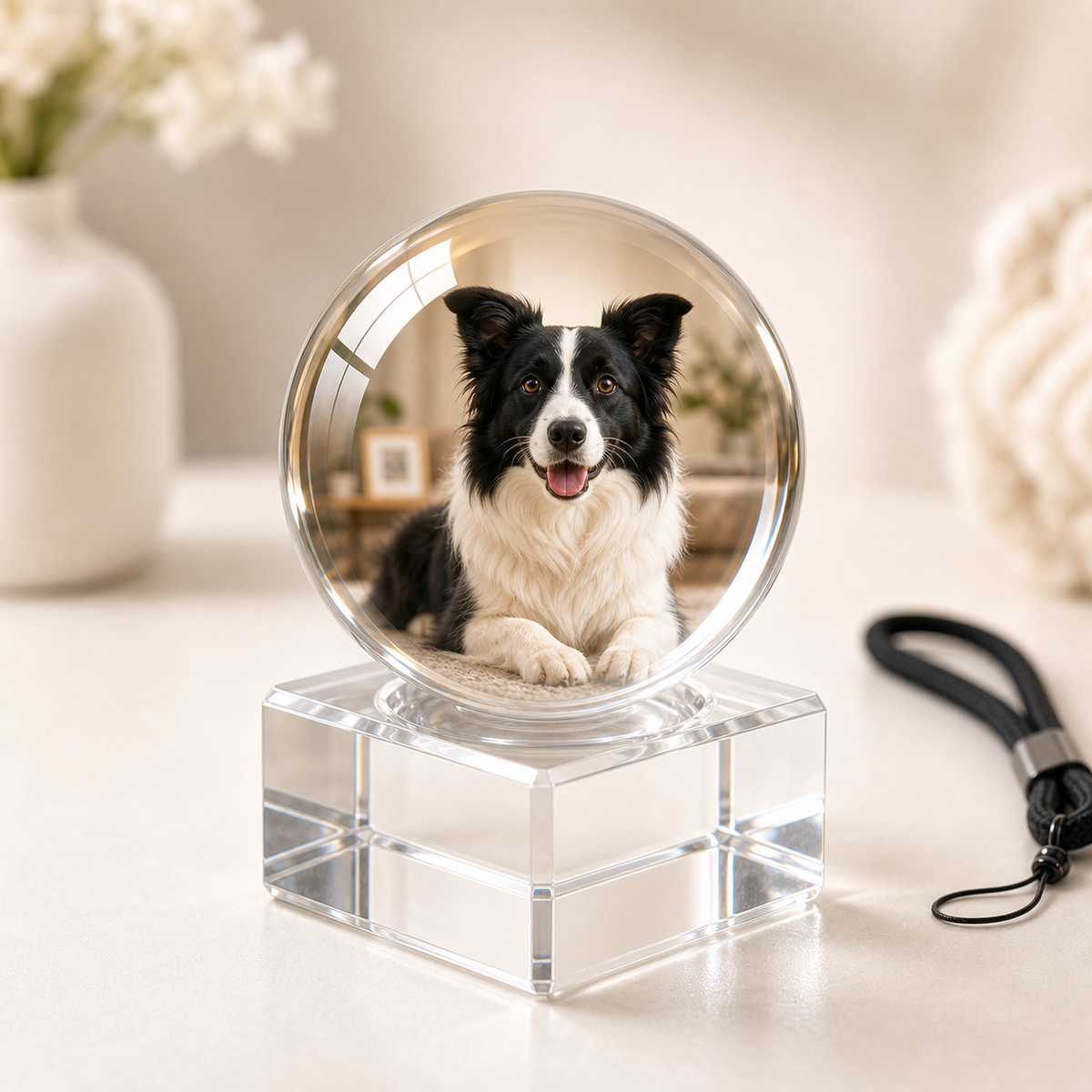 Personalized pet memory sphere displaying a dog photo